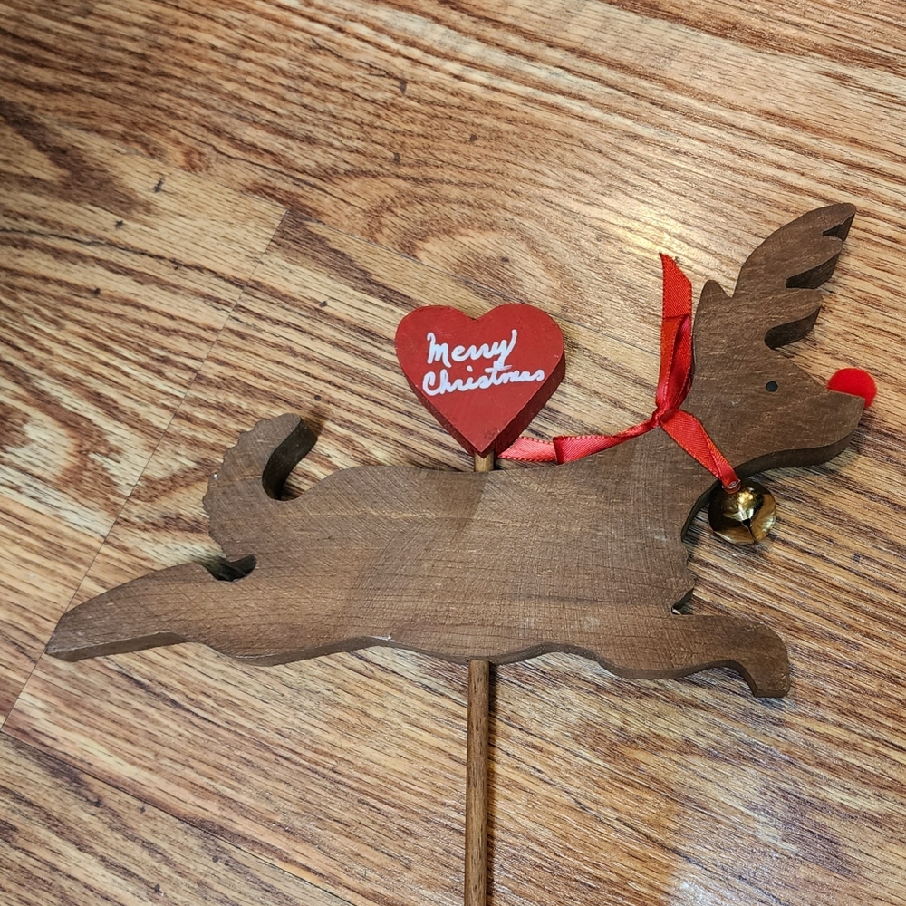 Handmade Wooden Reindeer With Red Nose and Bell